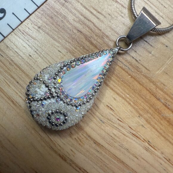 Sterling Silver Necklace With Teardrop Iridescent Pendant & Intricate Beaded - Picture 5 of 9